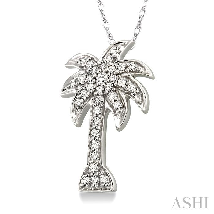 1/10 Ctw Palm Tree Round Cut Diamond Pendant in 10K White Gold with Chain