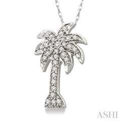 1/10 Ctw Palm Tree Round Cut Diamond Pendant in 10K White Gold with Chain