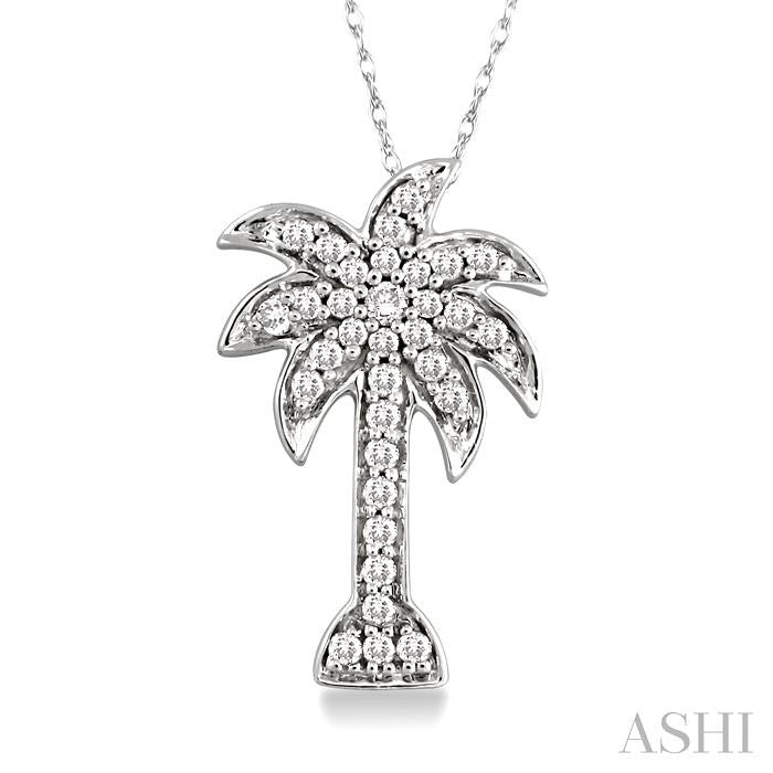 1/10 Ctw Palm Tree Round Cut Diamond Pendant in 10K White Gold with Chain