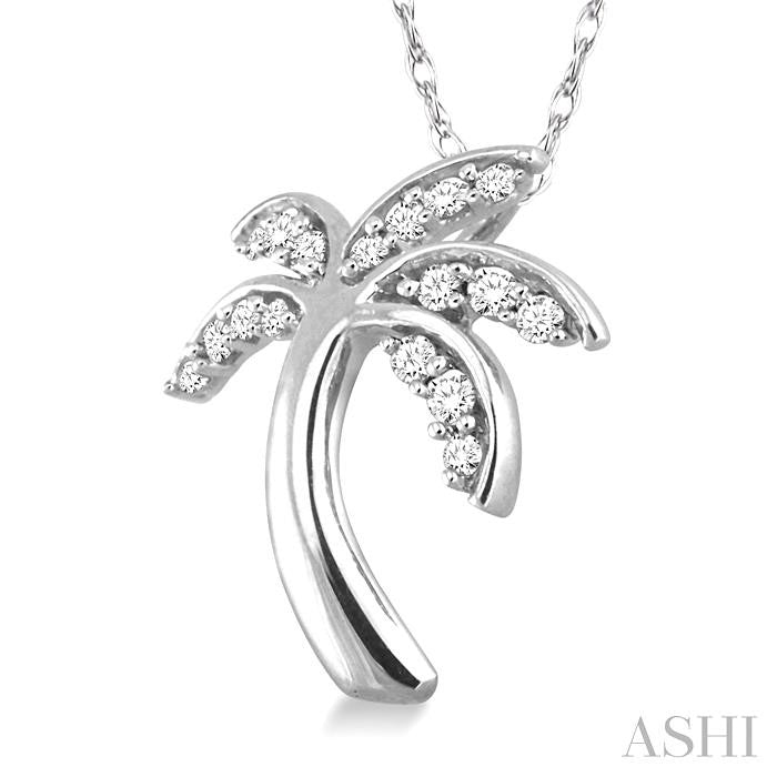 1/10 Ctw Palm Tree Round Cut Diamond Pendant in 14K White Gold with Chain