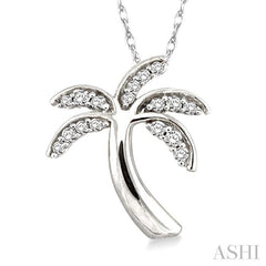 1/10 Ctw Palm Tree Round Cut Diamond Pendant in 14K White Gold with Chain