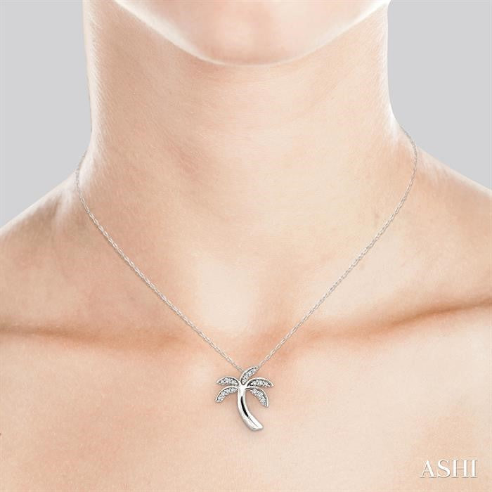 1/10 Ctw Palm Tree Round Cut Diamond Pendant in 10K White Gold with Chain