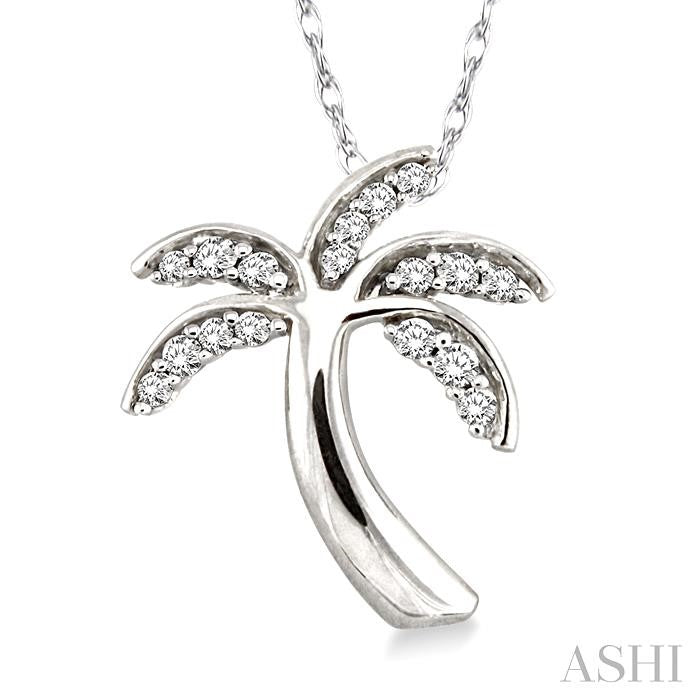 1/10 Ctw Palm Tree Round Cut Diamond Pendant in 10K White Gold with Chain