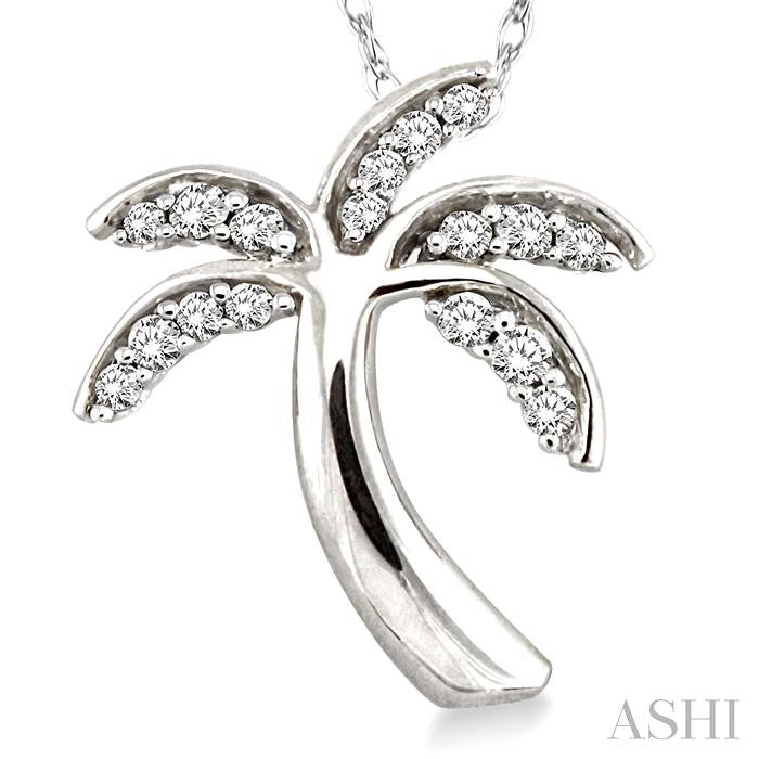 1/10 Ctw Palm Tree Round Cut Diamond Pendant in 10K White Gold with Chain