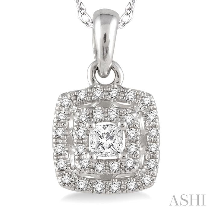 1/5 Ctw Square Shape Round Cut Diamond Fashion Pendant in 14K White Gold with Chain