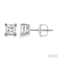 1 Ctw Princess Cut Diamond Stud Earrings in 14K White Gold