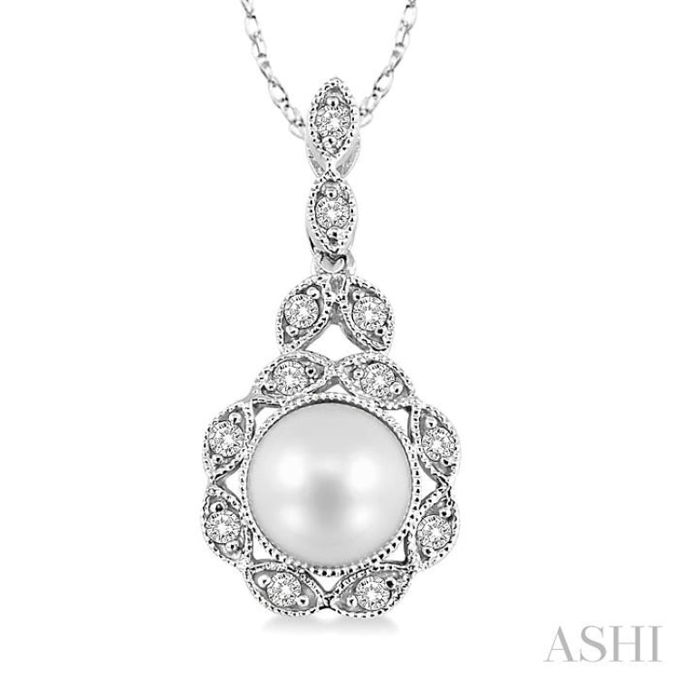 6.5 MM Cultured Pearl and 1/10 Ctw Single Cut Diamond Pendant in 10K White Gold with Chain