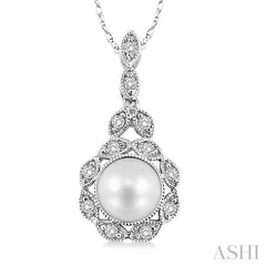 6.5 MM Cultured Pearl and 1/10 Ctw Single Cut Diamond Pendant in 10K White Gold with Chain