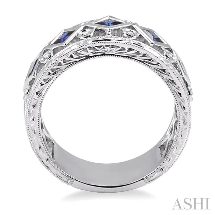 3x3 MM Princess Cut Sapphire and 1/4 Ctw Round Cut Diamond Precious Fashion Band in 14K White Gold