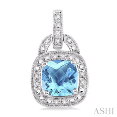 8x8 MM Cushion Shape Blue Topaz and 1/10 Ctw Round Cut Diamond Earrings in Sterling Silver