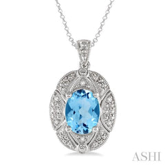 9x7 MM Oval Cut Blue Topaz and 1/50 Ctw Single Cut Diamond Pendant in Sterling Silver with Chain