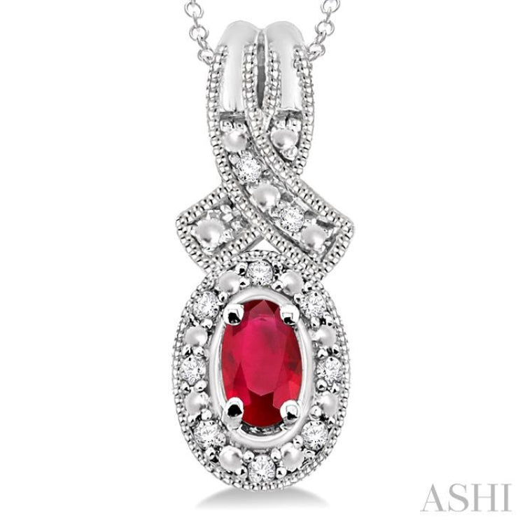 5x3 MM Oval Cut Ruby and 1/50 Ctw Round Cut Diamond Pendant in Sterling Silver with Chain