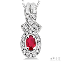 5x3 MM Oval Cut Ruby and 1/50 Ctw Round Cut Diamond Pendant in Sterling Silver with Chain