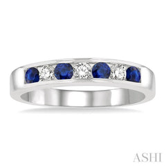 2.5 MM Round Cut Sapphire and 1/5 Ctw Channel Set Round Cut Diamond Band in 14K White Gold