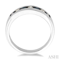 2.5 MM Round Cut Sapphire and 1/5 Ctw Channel Set Round Cut Diamond Band in 14K White Gold