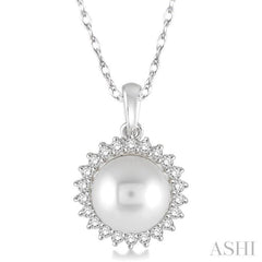 8x8 MM Round Shape Cultured Pearl and 1/5 Ctw Round Cut Diamond Pendant in 14K White Gold with Chain