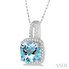 8x8 MM Cushion Shape Aquamarine and 1/5 Ctw Round Cut Diamond Pendant in 10K White Gold with Chain