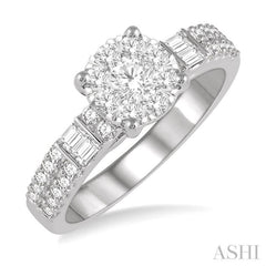 7/8 ctw Round and Baguette Diamond Lovebright Engagement Ring in 14K White gold
