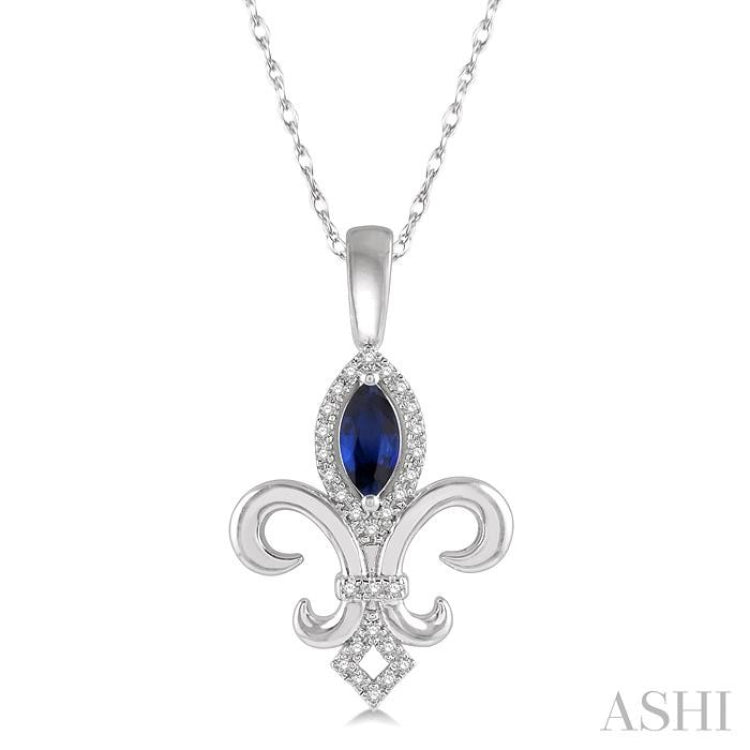 6x3 MM Marquise Shape Sapphire and 1/10 Ctw Round Cut Diamond Fleur De Lis Precious Pendant With Chain in 10K White Gold