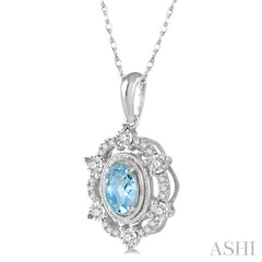 6x4 MM Oval Cut Aquamarine and 1/6 Ctw Round Cut Diamond Semi-Precious Pendant With Chain in 10K White Gold