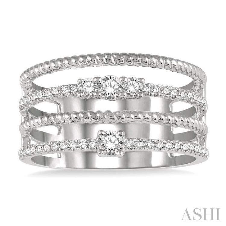 3/8 Ctw Rope and Round Diamond Multi Row Layered Fashion Ring in 14K White Gold