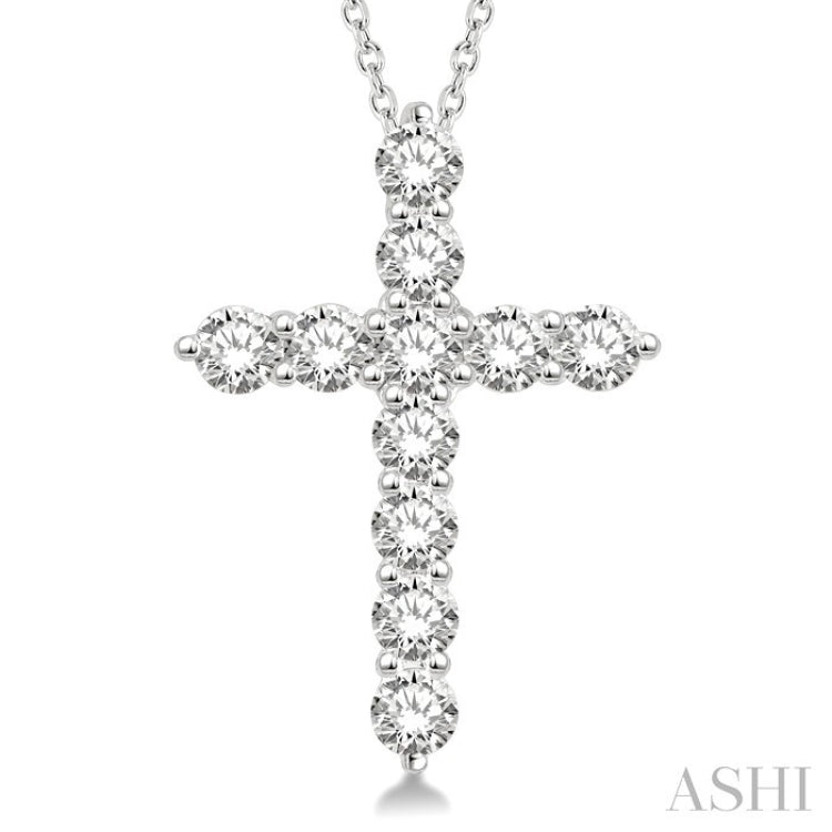 1 1/2 Ctw Round Cut Diamond Cross Pendant in 14K White Gold with Chain