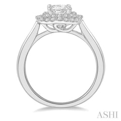 3/4 Ctw Princess & Halo Round Cut Diamond Ladies Engagement Ring With 1/2 Ct Princess Cut Center Stone in 14K White Gold