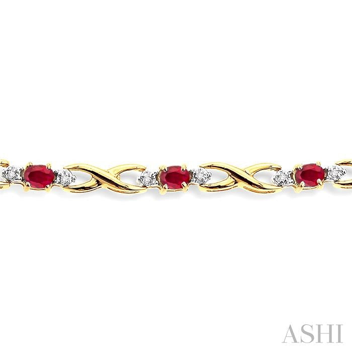 4x3 MM Oval Cut Ruby and 1/10 ctw Single Cut Diamond Bracelet in 14K Yellow Gold