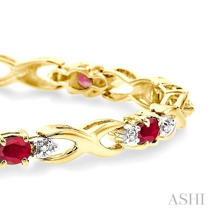 4x3 MM Oval Cut Ruby and 1/10 ctw Single Cut Diamond Bracelet in 14K Yellow Gold