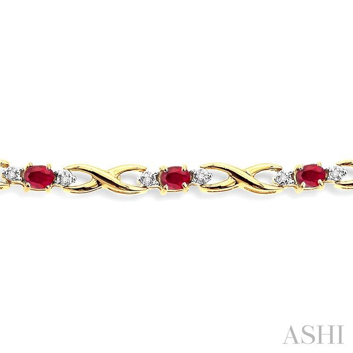 4x3 MM Oval Cut Ruby and 1/10 Ctw Round Cut Diamond Bracelet in 10K Yellow Gold