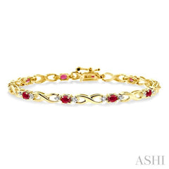 4x3 MM Oval Cut Ruby and 1/10 Ctw Round Cut Diamond Bracelet in 10K Yellow Gold