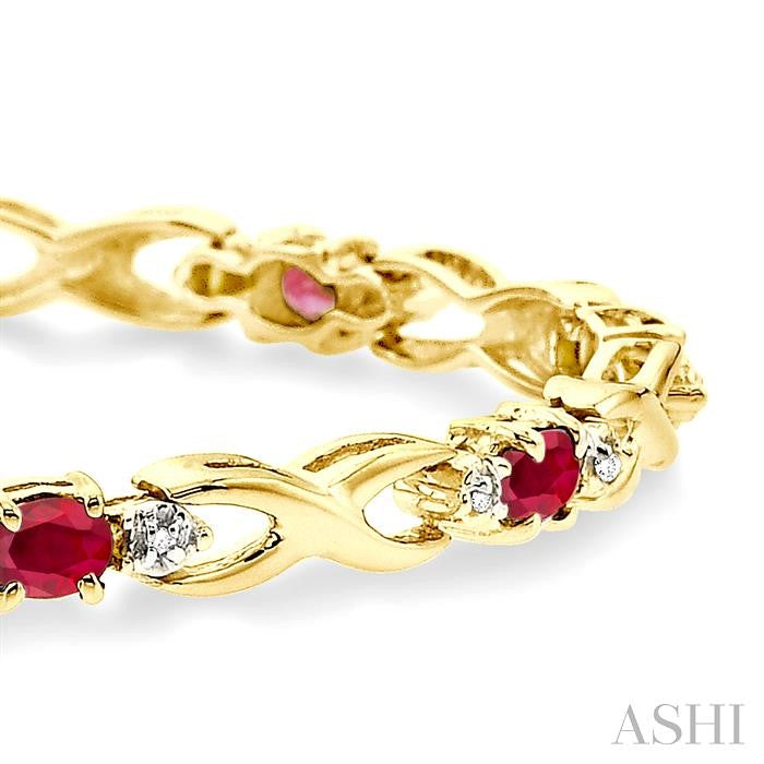4x3 MM Oval Cut Ruby and 1/10 Ctw Round Cut Diamond Bracelet in 10K Yellow Gold