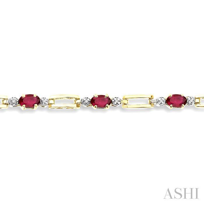 5x3 MM Oval Cut Ruby and 1/10 Ctw Round Cut Diamond Precious Bracelet in 10K Yellow Gold