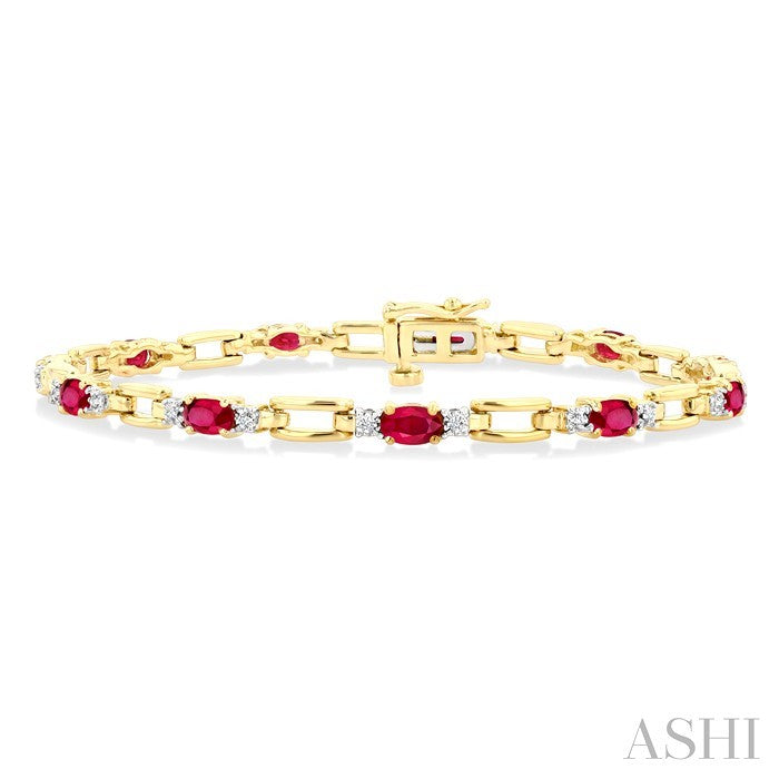 5x3 MM Oval Cut Ruby and 1/10 Ctw Round Cut Diamond Precious Bracelet in 10K Yellow Gold