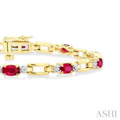 5x3 MM Oval Cut Ruby and 1/10 Ctw Round Cut Diamond Precious Bracelet in 10K Yellow Gold