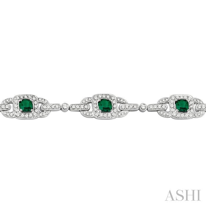 5x5 MM Cushion Cut Emerald and 2 ctw Round Cut Diamond Precious Bracelet in 14K White Gold