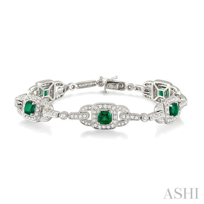 5x5 MM Cushion Cut Emerald and 2 ctw Round Cut Diamond Precious Bracelet in 14K White Gold
