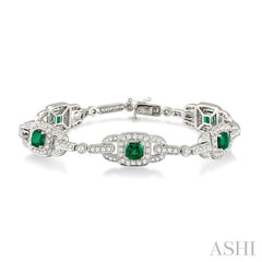 5x5 MM Cushion Cut Emerald and 2 ctw Round Cut Diamond Precious Bracelet in 14K White Gold