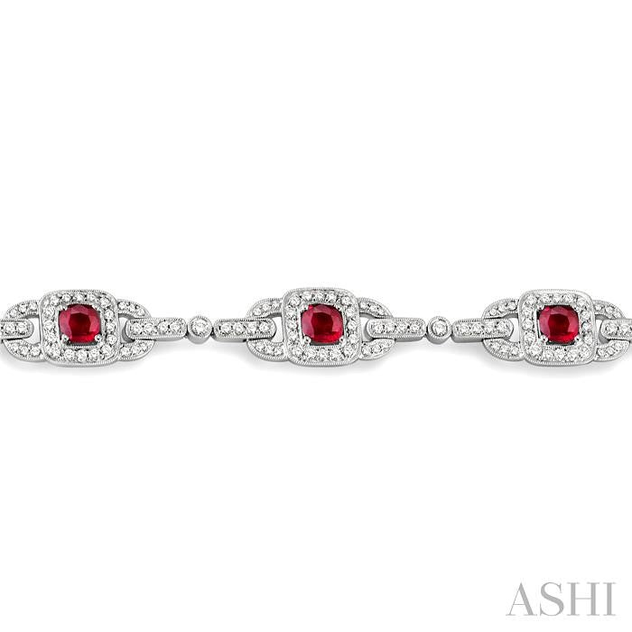 5x5 MM Cushion Cut Ruby and 2 Ctw Round Cut Diamond Precious Bracelet in 14K White Gold