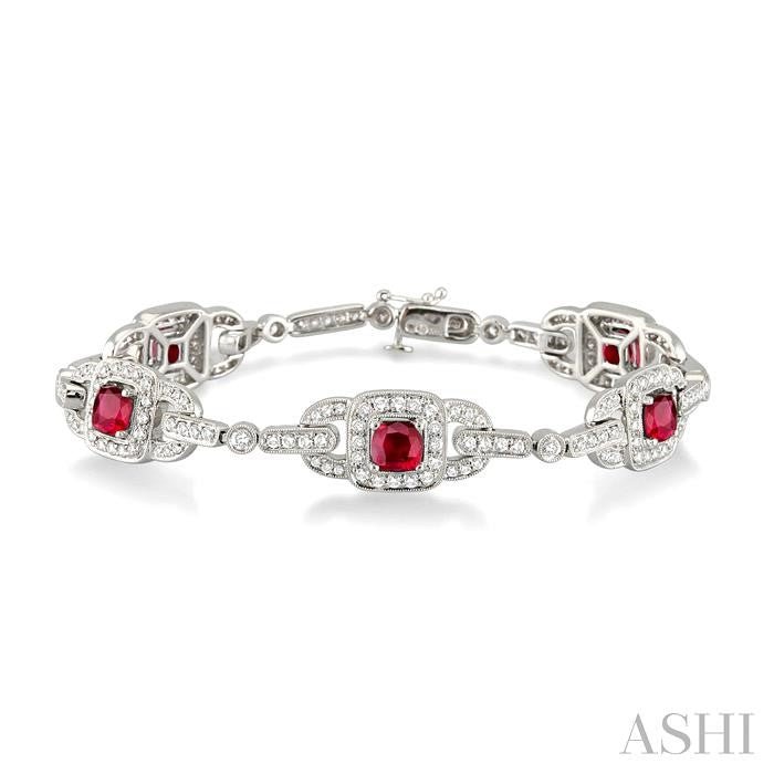 5x5 MM Cushion Cut Ruby and 2 ctw Round Cut Diamond Precious Bracelet in 14K White Gold