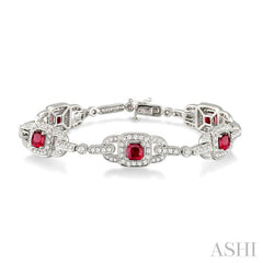 5x5 MM Cushion Cut Ruby and 2 ctw Round Cut Diamond Precious Bracelet in 14K White Gold