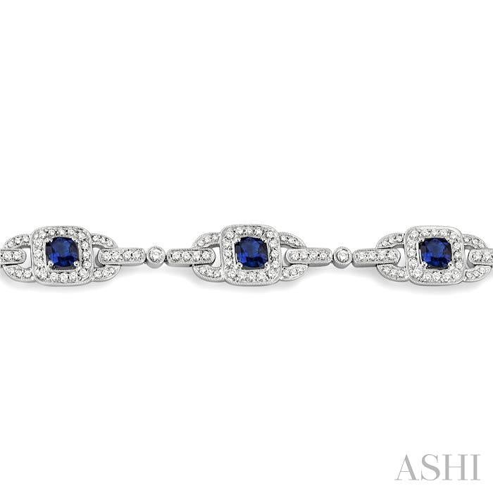 5x5 MM Cushion Cut Sapphire and 2 Ctw Round Cut Diamond Precious Bracelet in 14K White Gold