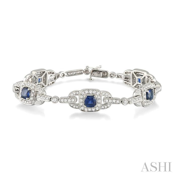 5x5 MM Cushion Cut Sapphire and 2 ctw Round Cut Diamond Precious Bracelet in 14K White Gold