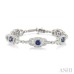5x5 MM Cushion Cut Sapphire and 2 ctw Round Cut Diamond Precious Bracelet in 14K White Gold