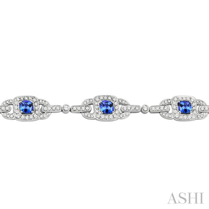 5x5 MM Cushion Cut Tanzanite and 2 ctw Round Cut Diamond Precious Bracelet in 14K White Gold