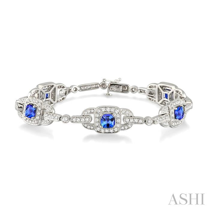 5x5 MM Cushion Cut Tanzanite and 2 ctw Round Cut Diamond Precious Bracelet in 14K White Gold