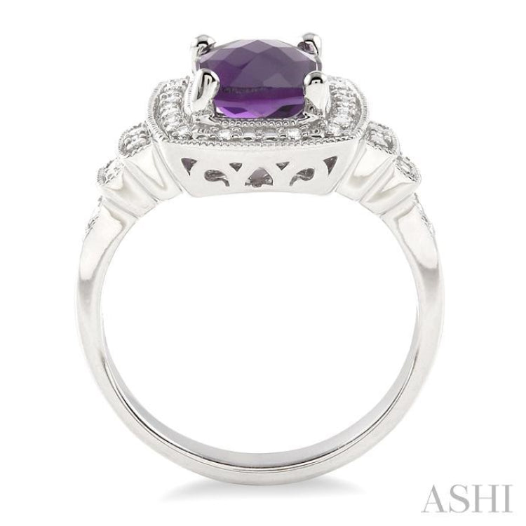 9X7 MM Cushion Shape Amethyst and 1/10 Ctw Round Cut Diamond Ring in Sterling Silver