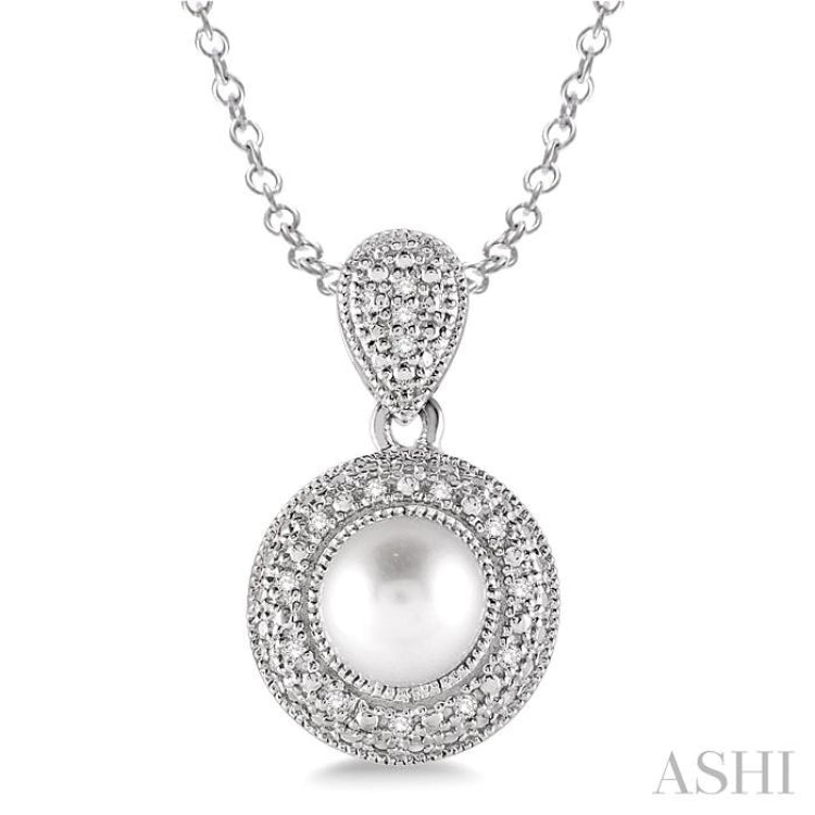 Silver Pearl & Halo Diamond Pendant