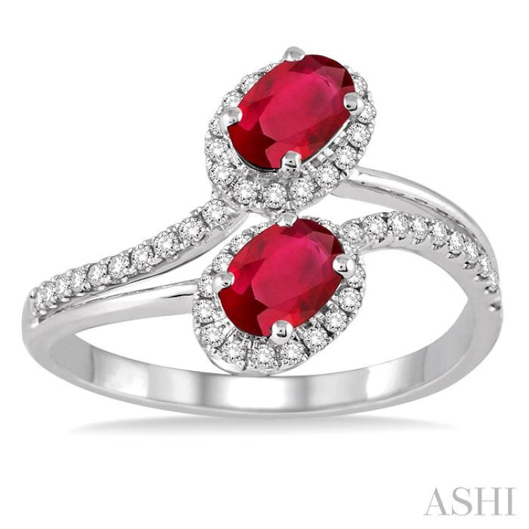 Oval Shape 2 Gemstone & Halo Diamond Fashion Ring