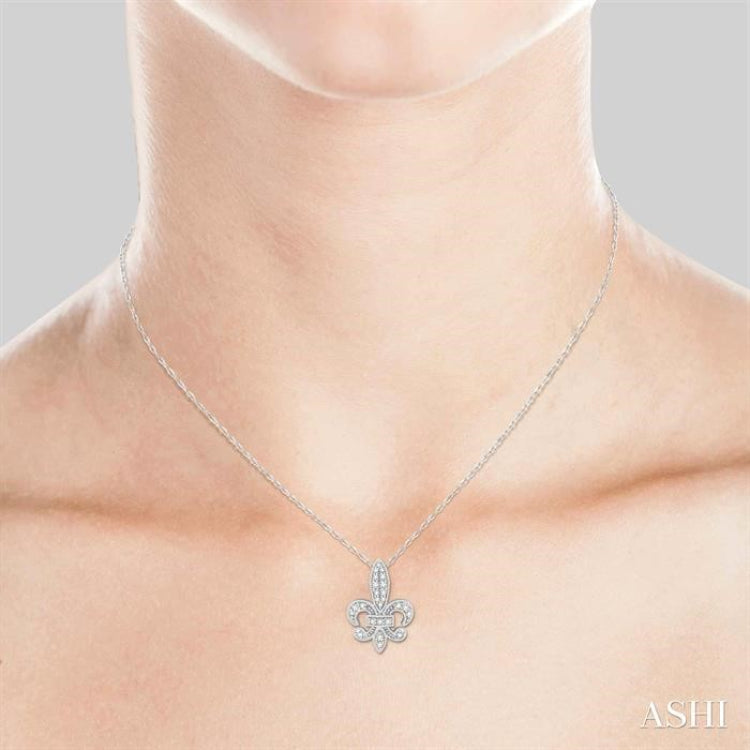 1/5 Ctw Fleur De Lis Round Cut Diamond Pendant With Link Chain in 10K White Gold
